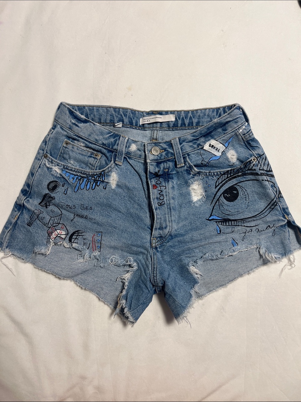 Zara Bonjour Graffiti Art Distressed Denim Shorts